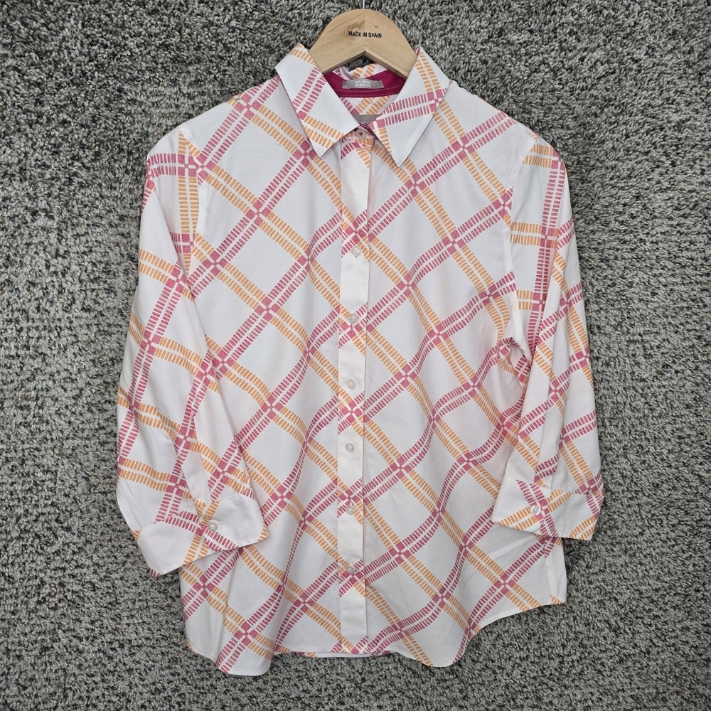 Chicos Top Womens 0 US Small Pink White Button Up No Iron Stretch 3/4 Sleeve